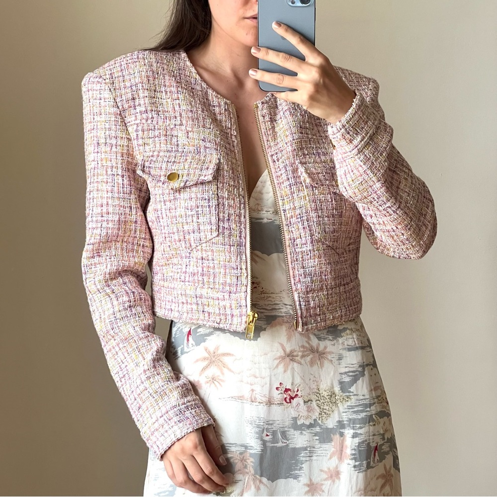 NWOT Retrofete tweed zip jacket size M pink gold white C1